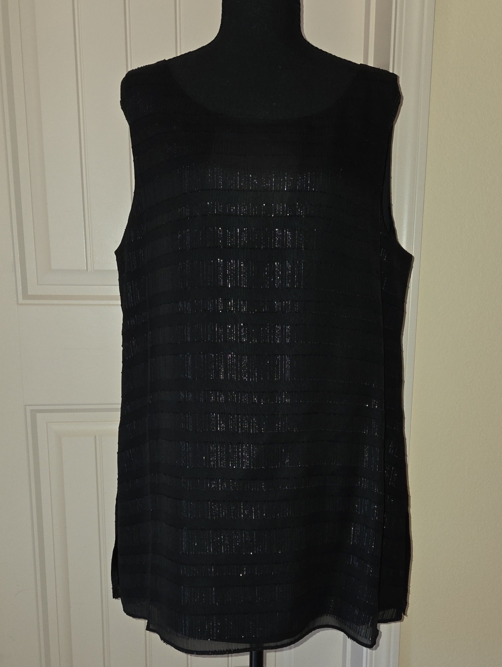 Eileen Fisher Sheer Silk Glimmer Ballet Neck Tank In Black - Size L, NWOT